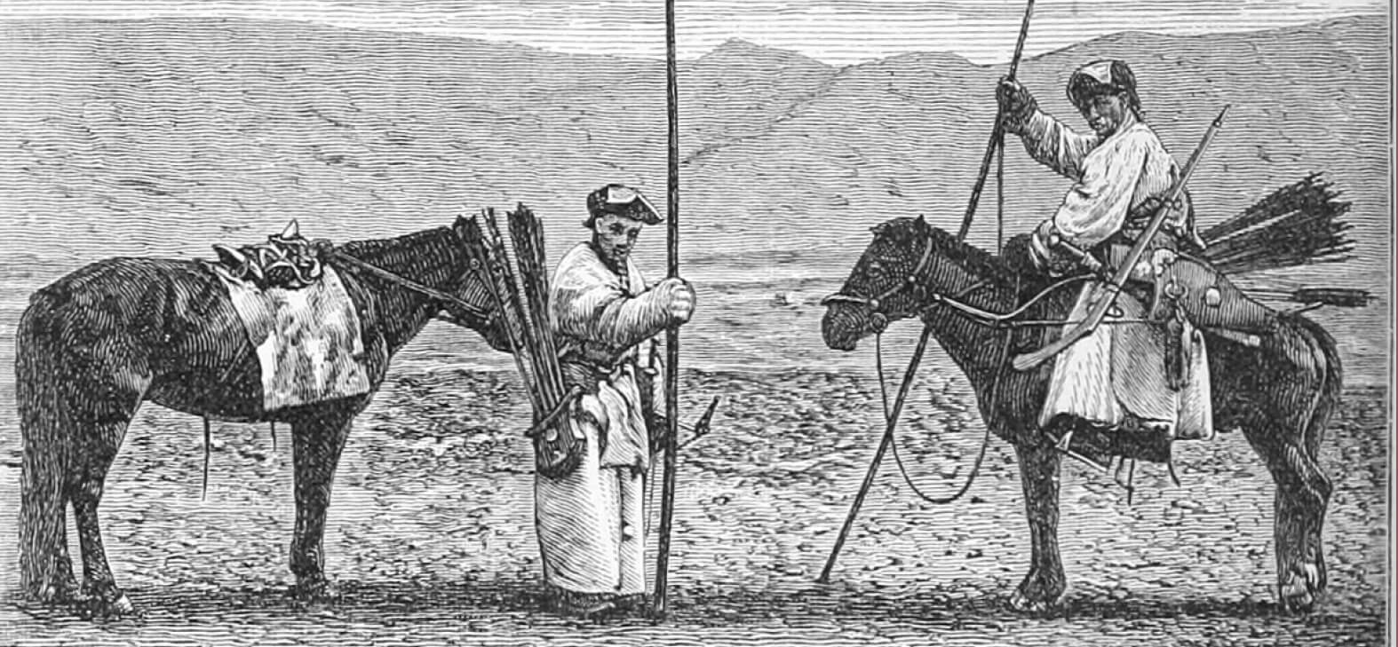 Монгольская конница, рисунок. Изображены 2 монгольских всадника с луками и ружьями