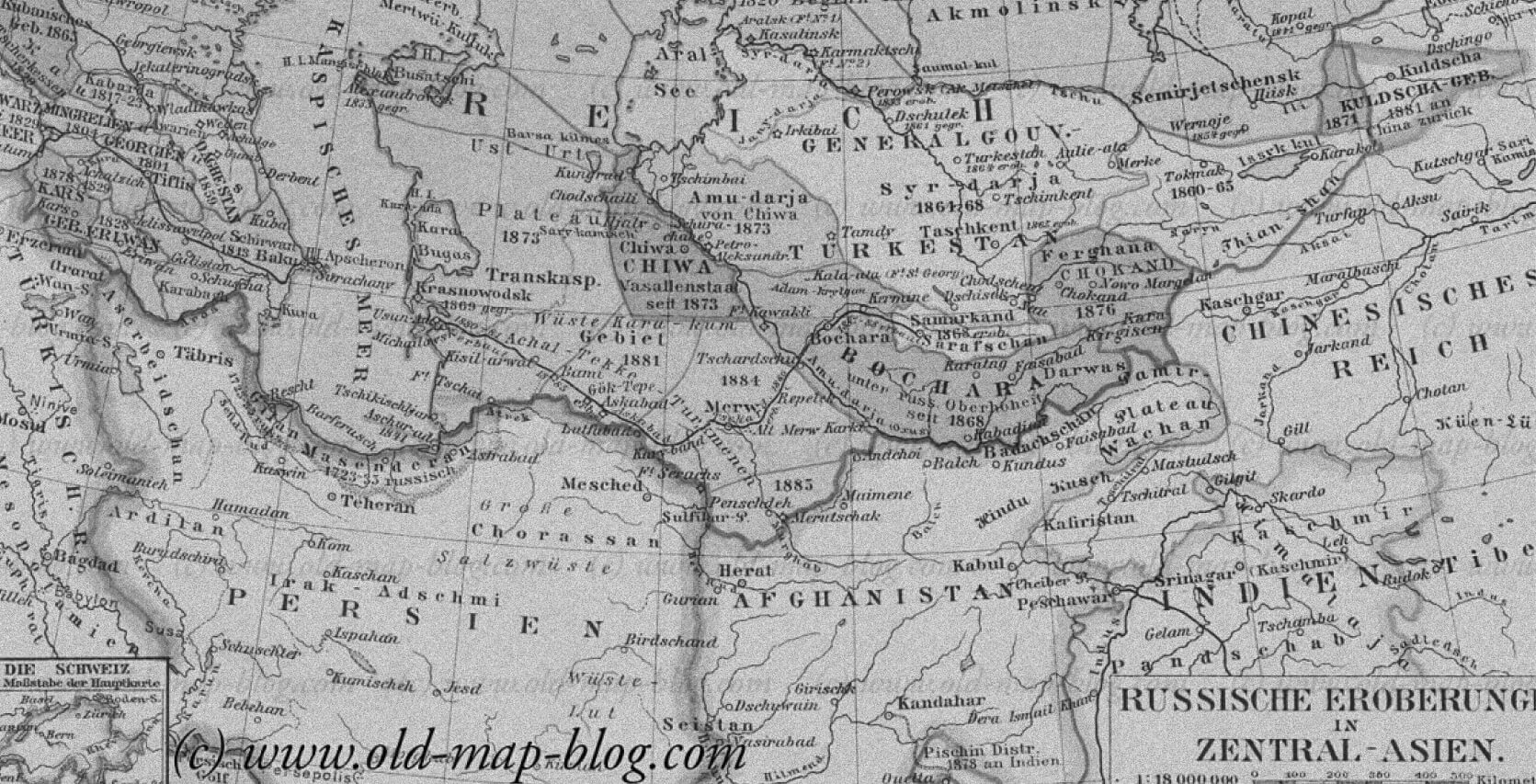 Старая немецкая карта, подписанная «Русские завоевания в центральной азии»