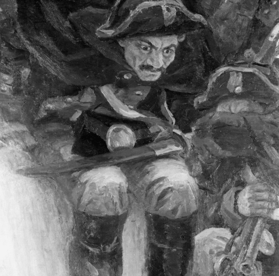 Фрагмент картины В.И. Сурикова «Переход Суворова через Альпы», изображающий скользящего с горы по по снегу солдата